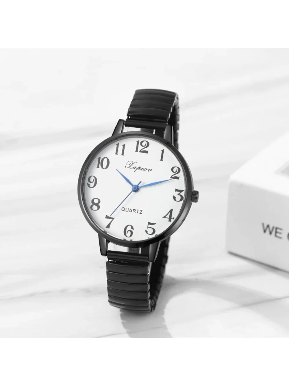 Women's Black Analog Quartz Small Numbers Easy Reader Stretch Band Wrist Watch